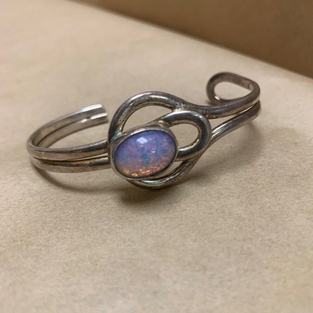 FREE SHIPPING Vintage 925 Silver Mexican Dichroic Foiled Glass Opal Bracelet